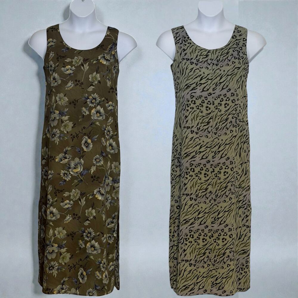 Vintage Reversible Silk Slip Dress Animal Floral Sleeveless 90s Minimalist S M